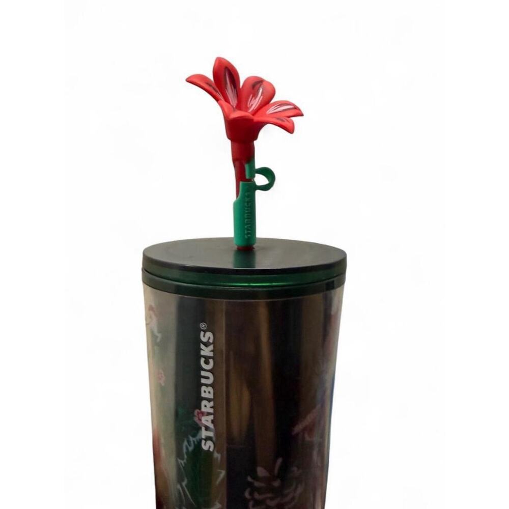 NEW Starbucks Floral Cup with Lid and Flower Straw, Green Red Clear Coffee Tea - Picture 2 of 7